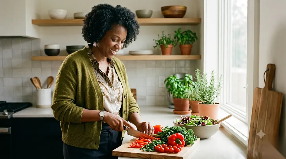 Woman preparing a colorful, fiber-rich meal in her kitchen