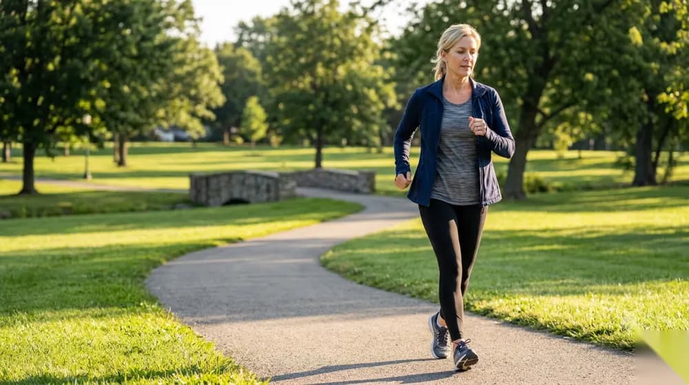 Woman walking briskly outdoors, energetic stride