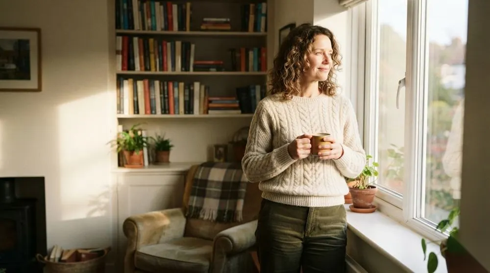 Woman enjoying a quiet morning coffee by the window