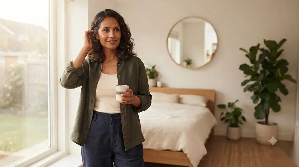 Woman in a calm morning bedroom routine, holding a cup