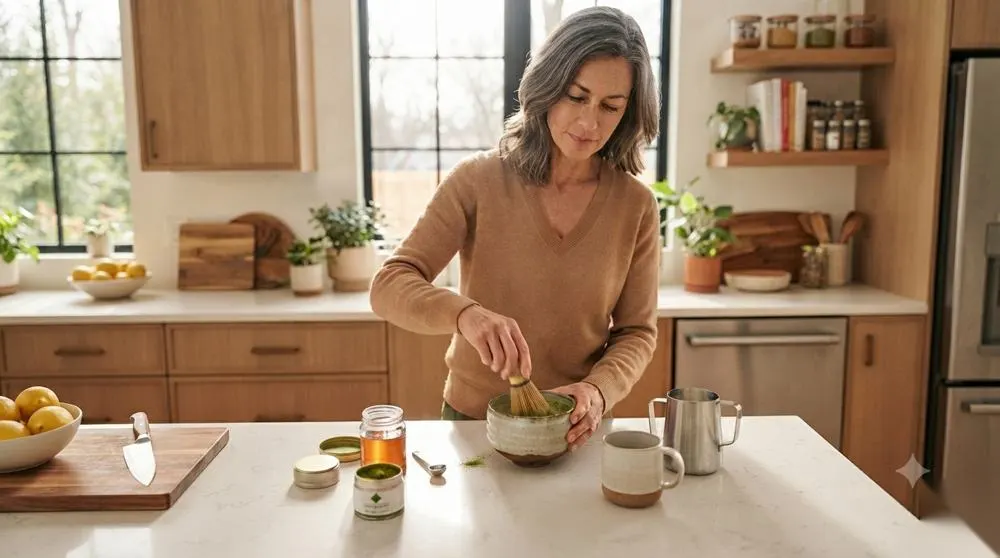 Woman whisking a matcha tonic in her kitchen